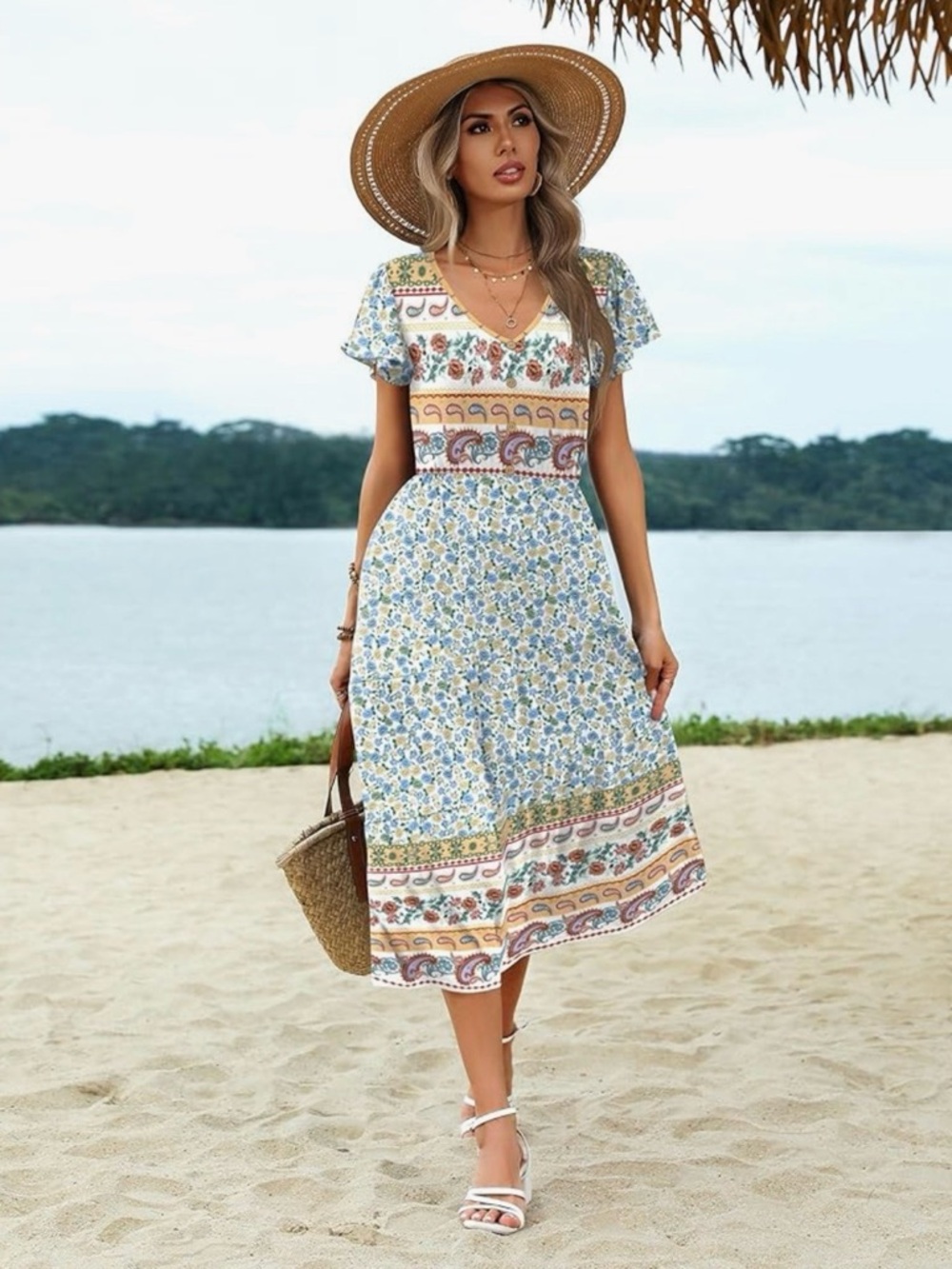 Floral Midi Dress With Pockets, V-Neck, Flutter Sleeves , Size XL